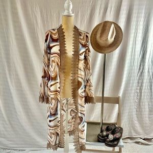 NWT No Comment Swim Cover-Up Open Front Light Brown Lace Trim Flare Sleeve S/M